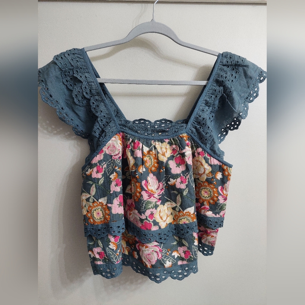 Rebellion Blue Sleeveless Ruffled Boho Blouse Eyelet Floral Size Large